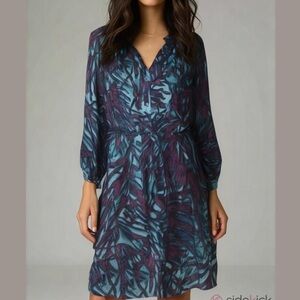TUCKER Silk Mini Dress Purple Blue Frond Print Small